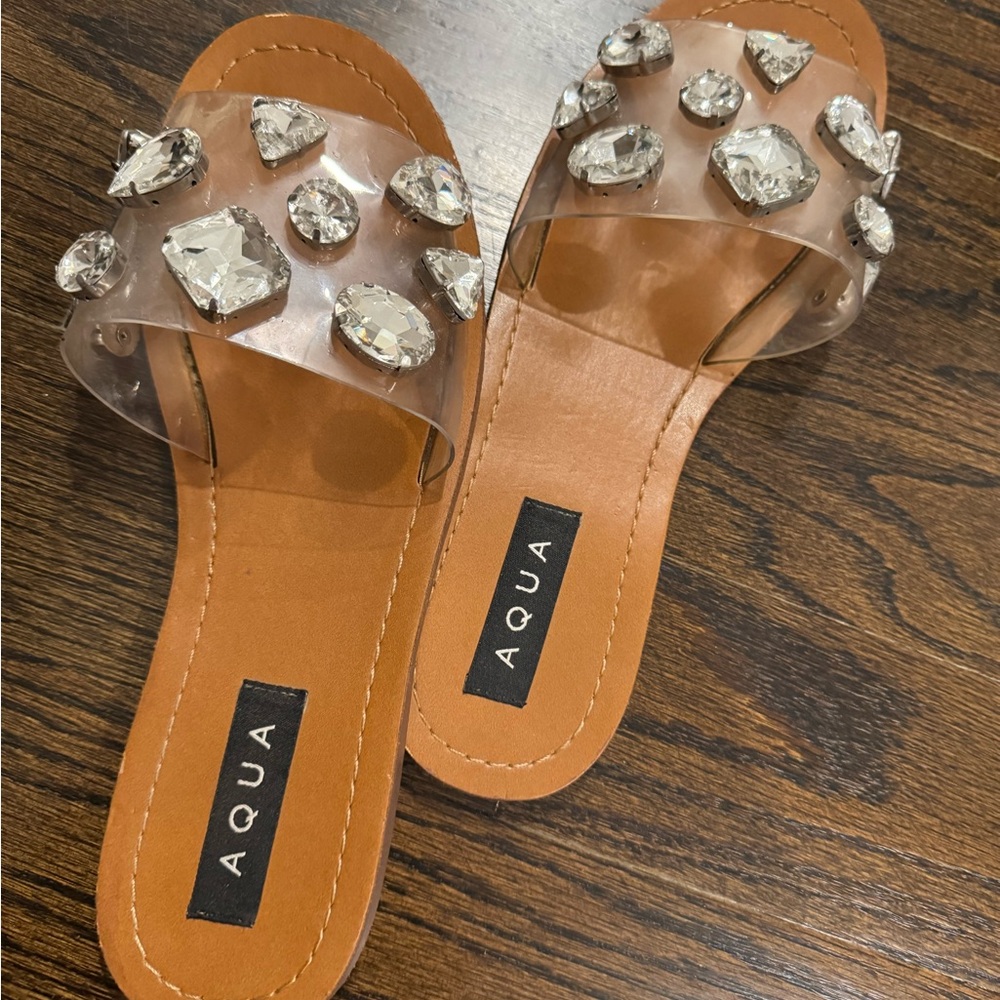 Aqua Cream and Brown Sandals with Rhinestone Embellishments